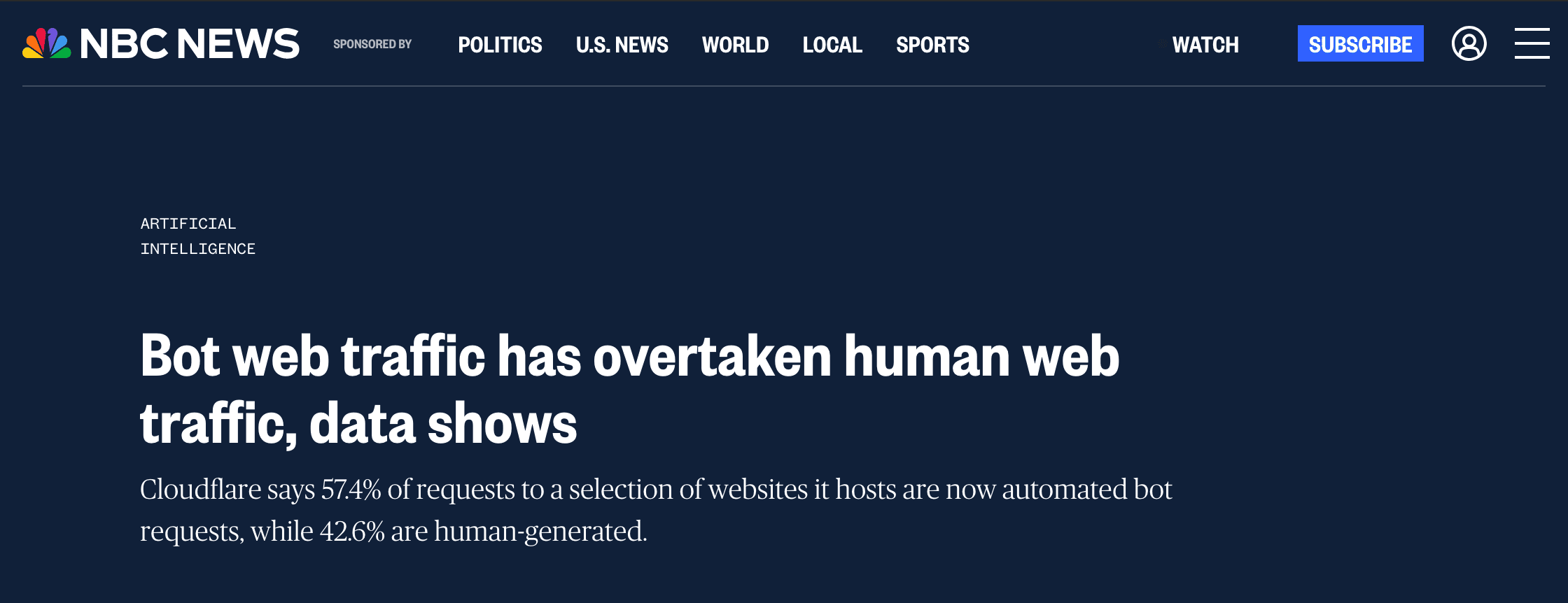 NBC News headline: Bot web traffic has overtaken human web traffic, data shows. Cloudflare says 57.4% of requests to a selection of websites it hosts are now automated bot requests, while 42.6% are human-generated.