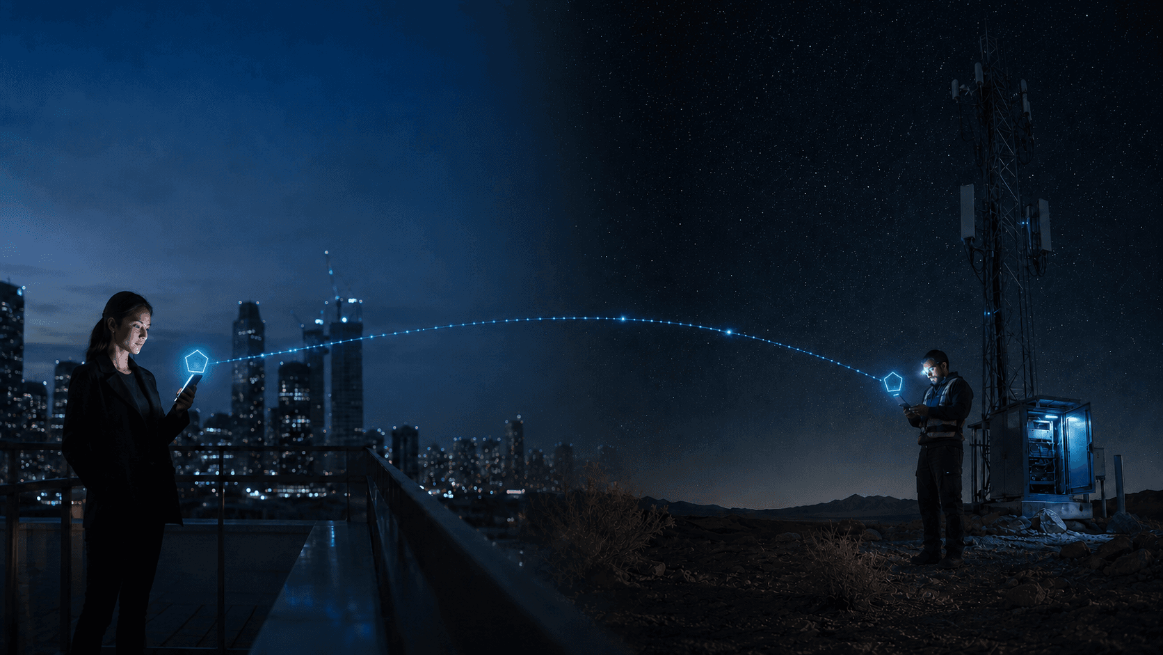 Two people connected between a city and a remote carrier tower