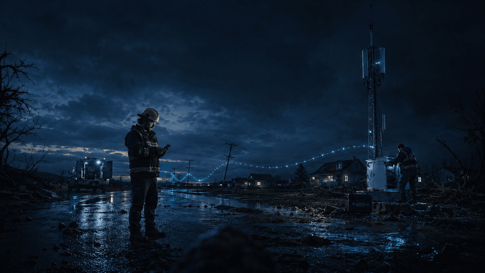 Field technicians restoring a mobile communications gateway after a storm