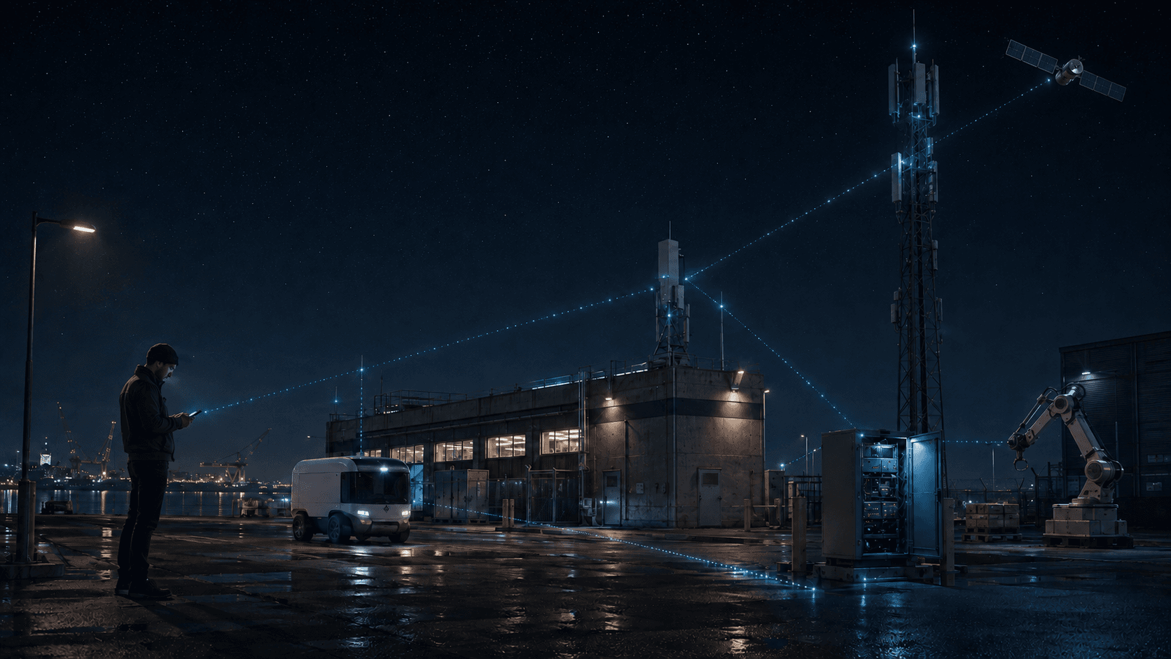 Connected carrier towers, satellite, edge cabinet, vehicle, and automation at an industrial site