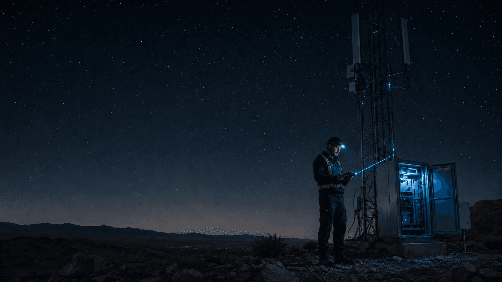 Network technician working beside a communications tower at night