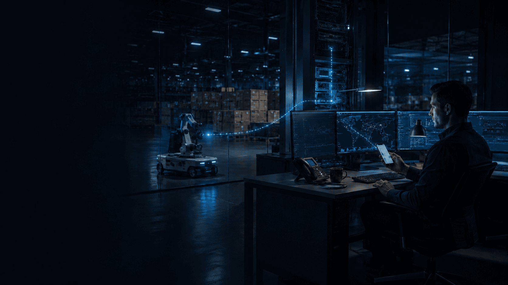Network operator using a phone beside carrier dashboards and automated equipment